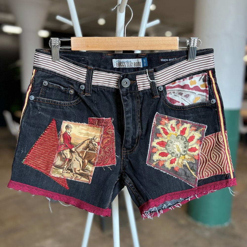 Women's Artistic Patchwork Jean Shorts - Black and Red